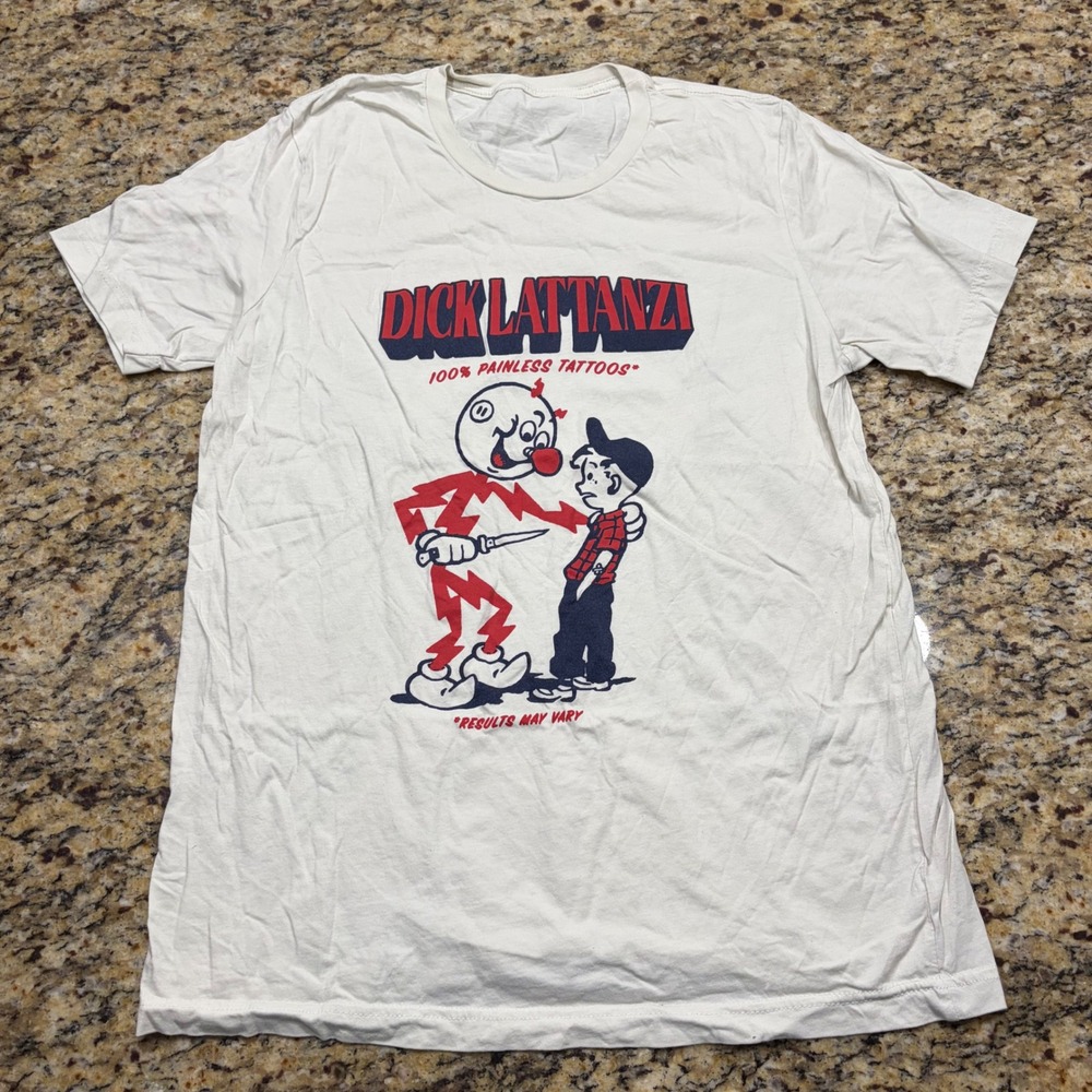 Dick Lattanza Painless Tattoos Graphic T-Shirt Mens Cream White Short Sleeve v